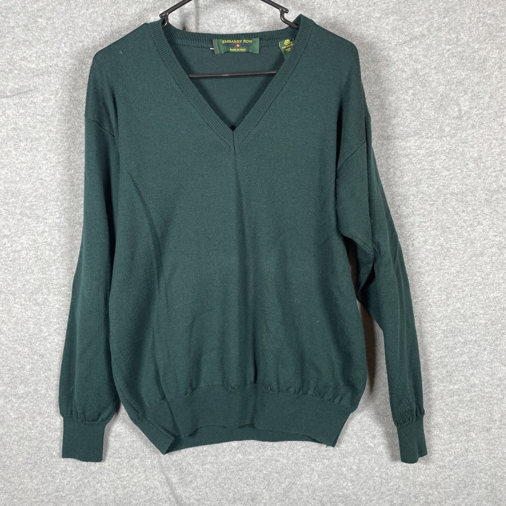 Vintage Embassy Row Men's V-Neck Sweater Pure New Wool Made in Italy Large Green